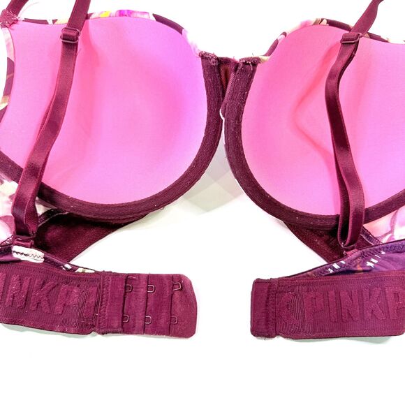 VS PINK Wear Everywhere T-Shirt Lightly Lined Bra - Maroon Pink Floral - 32D - Picture 6 of 7